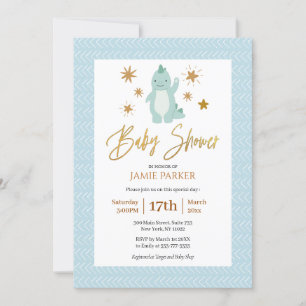 Elegant Gold Script Cute Blue Dinosaur Baby shower Kaart