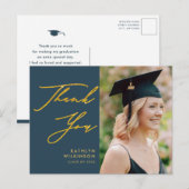 Elegant Gold Script Dusty Blue AFSTUDEERDER Hartel Briefkaart (Voorkant / Achterkant)