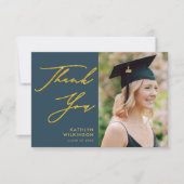 Elegant Gold Script Dusty Blue Simple Afstuderen Bedankkaart (Voorkant)