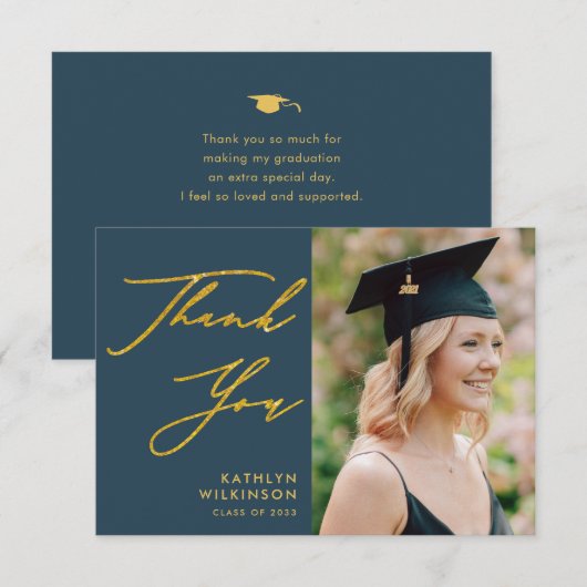 Elegant Gold Script Dusty Blue Simple Afstuderen Bedankkaart (Voorkant / Achterkant)