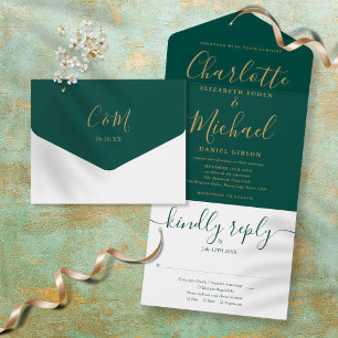 Elegant Gold Script Emerald Green Wedding All In One Uitnodiging