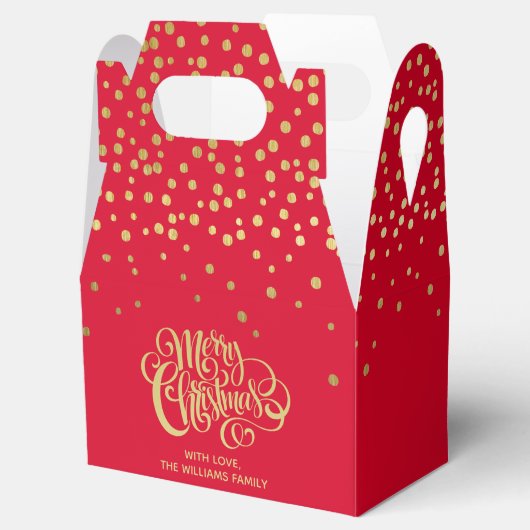 Elegant Gold Script en Confetti Red Kerstmis Bedankdoosjes (Geopend)
