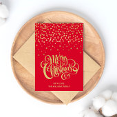Elegant Gold Script en Confetti Red Kerstmis Briefkaart