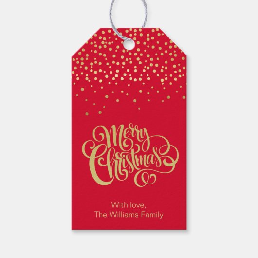 Elegant Gold Script en Confetti Red Kerstmis Cadeaulabel (Voorkant)