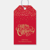 Elegant Gold Script en Confetti Red Kerstmis Cadeaulabel (Achterkant)