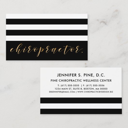 Elegant Gold Script en Stripes Chiropractor Visitekaartje (Voorkant / Achterkant)