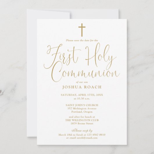 Elegant Gold Script First Heilige Communie Save The Date (Voorkant)