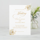 Elegant Gold Script Floral Wedding Invitation Kaart (Staand voorkant)