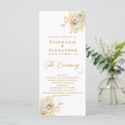Elegant Gold Script Floral Wedding Program (Staand voorkant)
