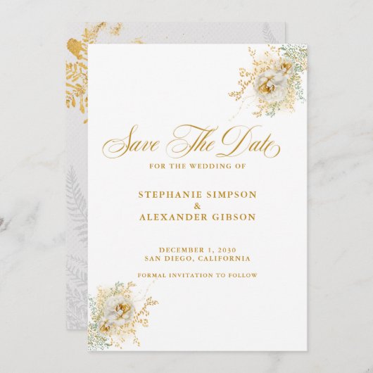 Elegant Gold Script Floral Wedding Save The Date (Voorkant / Achterkant)