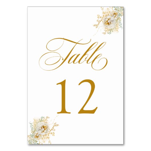 Elegant Gold Script Floral Wedding Table Number 12 Kaart (Voorkant)