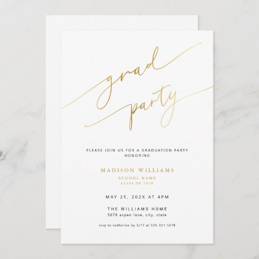 Elégant Gold Script Graduation Party Invitation (Devant / Derrière)