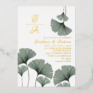 Elegant Gold Script Green Leaf Wedding Invitation Folie Uitnodiging