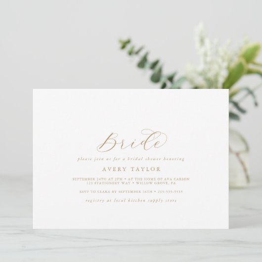 Elegant Gold Script Horizontal Bride Vrijgezellenf Kaart (Staand voorkant)