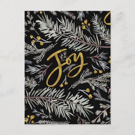 Elegant Gold Script JOY Pine Bough Berry Kerstmis Feestdagenkaart (Voorkant)