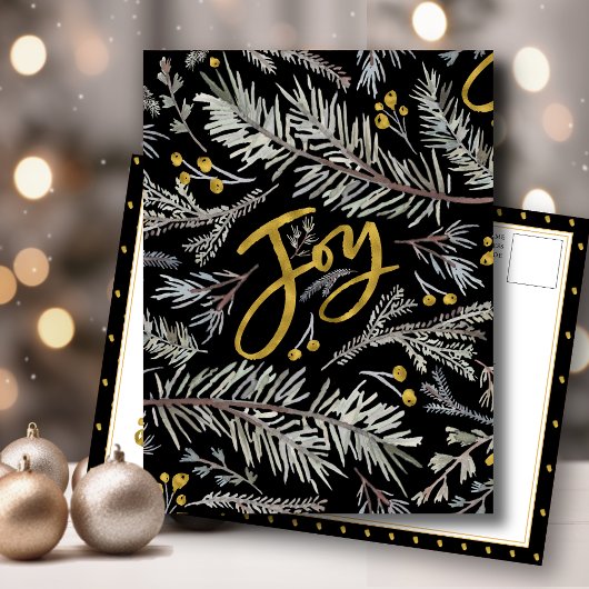 Elegant Gold Script JOY Pine Bough Berry Kerstmis Feestdagenkaart