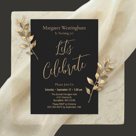 Elegant Gold Script Let's Celebrate 70th Birthday Kaart