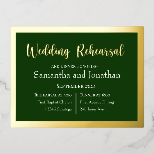 Elegant Gold Script Lijst op Green Rehearal Kaart (Voorkant)
