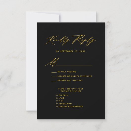 Élégant Gold Script moderne Noir Mariage RSVP (Devant)