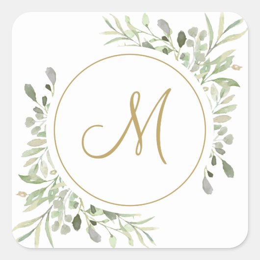 Elegant Gold Script Monogram Greenery Vierkante Sticker (Voorkant)