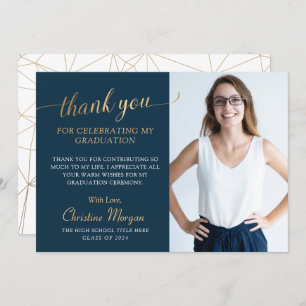 Elegant Gold Script Navy Blue Afstuderen Foto via Bedankkaart