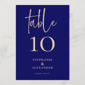 Elegant Gold Script Navy Names Date Table Number Kaart (Achterkant)