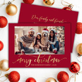 Elegant Gold Script One Photo Red Christmas Feestdagenkaart