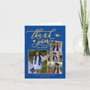Elegant Gold Script op Blue 4 Photo Afstuderen Bedankkaart