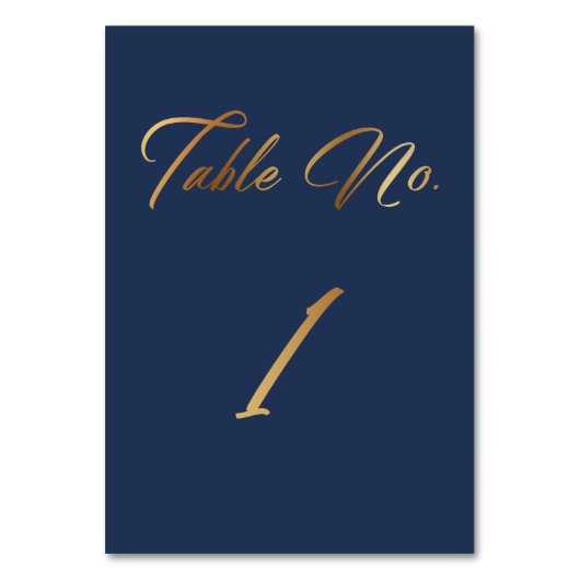 Elegant Gold Script op Navy Table Number 1 Kaart (Voorkant)