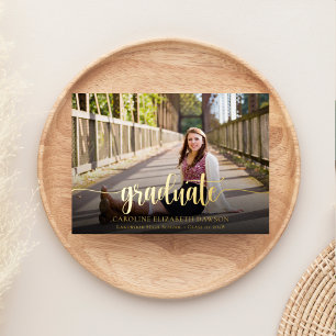 Elegant Gold Script Photo Afstuderen Folie Uitnodiging