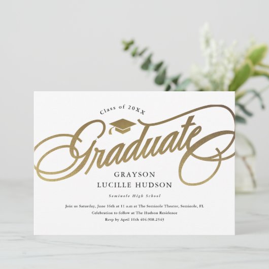 Elegant Gold Script Photo Afstuderen Kaart (Staand voorkant)