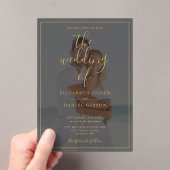 Elegant Gold Script Photo Wedding Acryl Uitnodigingen (Insitu (Draagbaar))