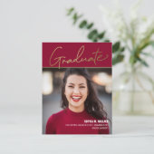 Elegant Gold Script Red Photo University Afstudere Aankondigingskaart (Staand voorkant)
