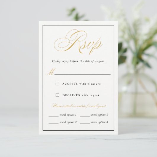 Elegant Gold Script RSVP maaltijdopties verticaal (Staand voorkant)