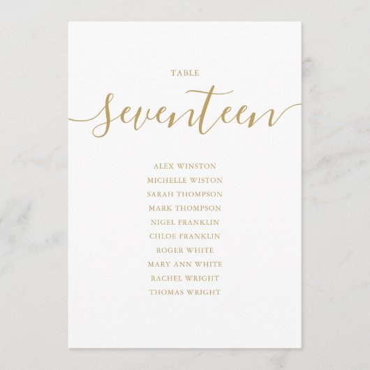 Elegant Gold Script Table Number 17 Seating Chart Kaart (Voorkant)