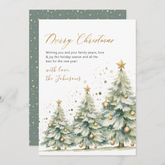 Elegant Gold Script Watercolor Christmas Tree Feestdagenkaart (Voorkant / Achterkant)