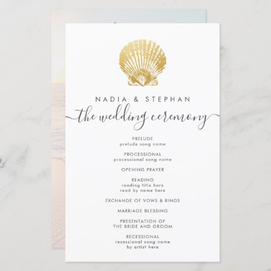 Elegant Gold Seashell Budget Wedding Programme (Voorkant / Achterkant)