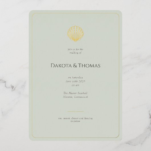 Elegant Gold Seashell Sage Wedding invitation (Recto)