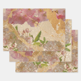 Elegant Gold Shimmer Floral Decoupage Design Inpakpapier Vel