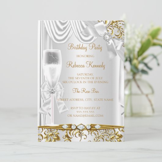 Elegant Gold Silver White Silk Champagne Birthday Kaart (Staand voorkant)