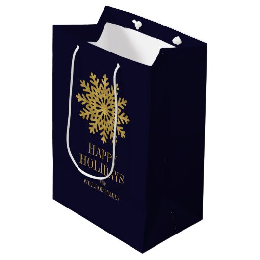 Elegant Gold Snowflake Holiday Gift Bag Medium Cadeauzakje (Voorkant Gekanteld)