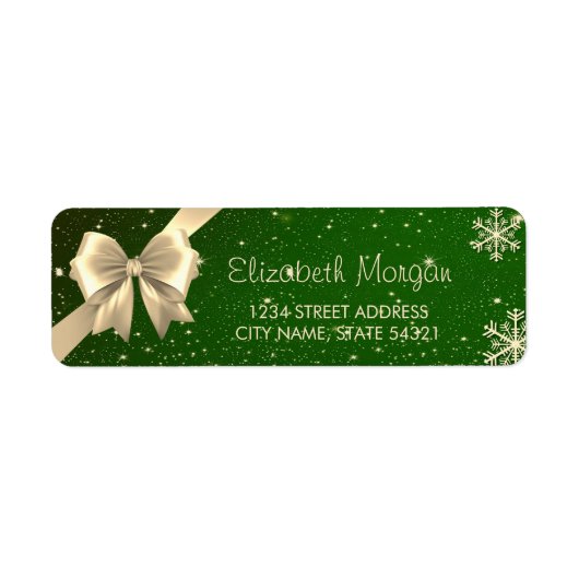 Elegant Gold Snowflakes, Bow Green Kerstlabel Etiket (Voorkant)