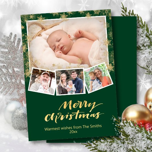 Elegant Gold Snowflakes Chic Script Moderne Green Feestdagenkaart