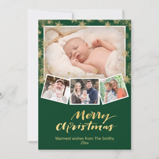 Elegant Gold Snowflakes Chic Script Moderne Green Feestdagenkaart (Voorkant)