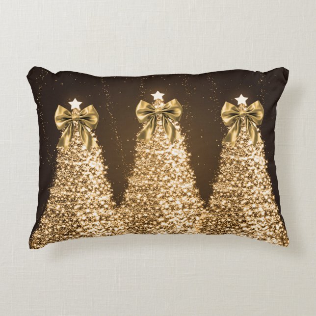 Elegant Gold Sparkling Christmas Trees & Bows  Accent Kussen (Voorkant)