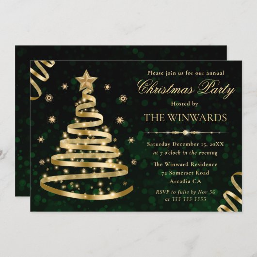 Elegant Gold Sparkly Ribbon Tree-kerstfeest Kaart (Voorkant / Achterkant)
