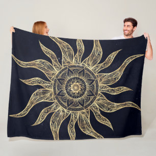 Elegant Gold Sun Mandala Blue Nebula Design Fleece Deken