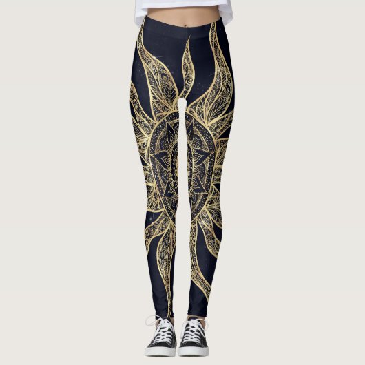 Elegant Gold Sun Mandala Blue Nebula Design Leggings (Voorkant)