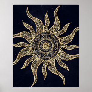 Elegant Gold Sun Mandala Blue Nebula Design Poster