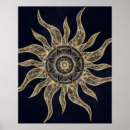 Elegant Gold Sun Mandala Blue Nebula Design Poster (Voorkant)